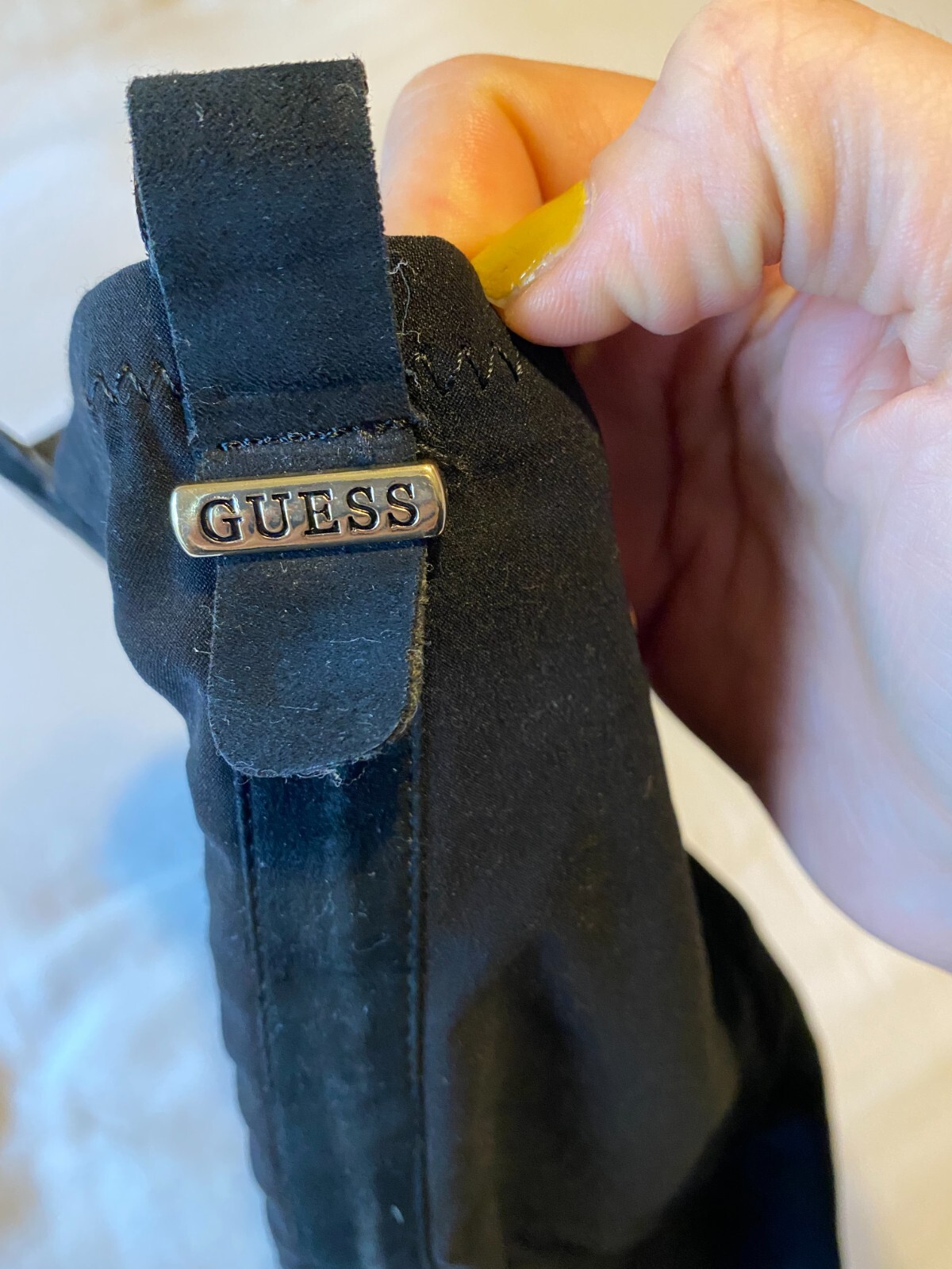 Guess Knee High Boot Size 8 Strecth Faux Suede Black Gold