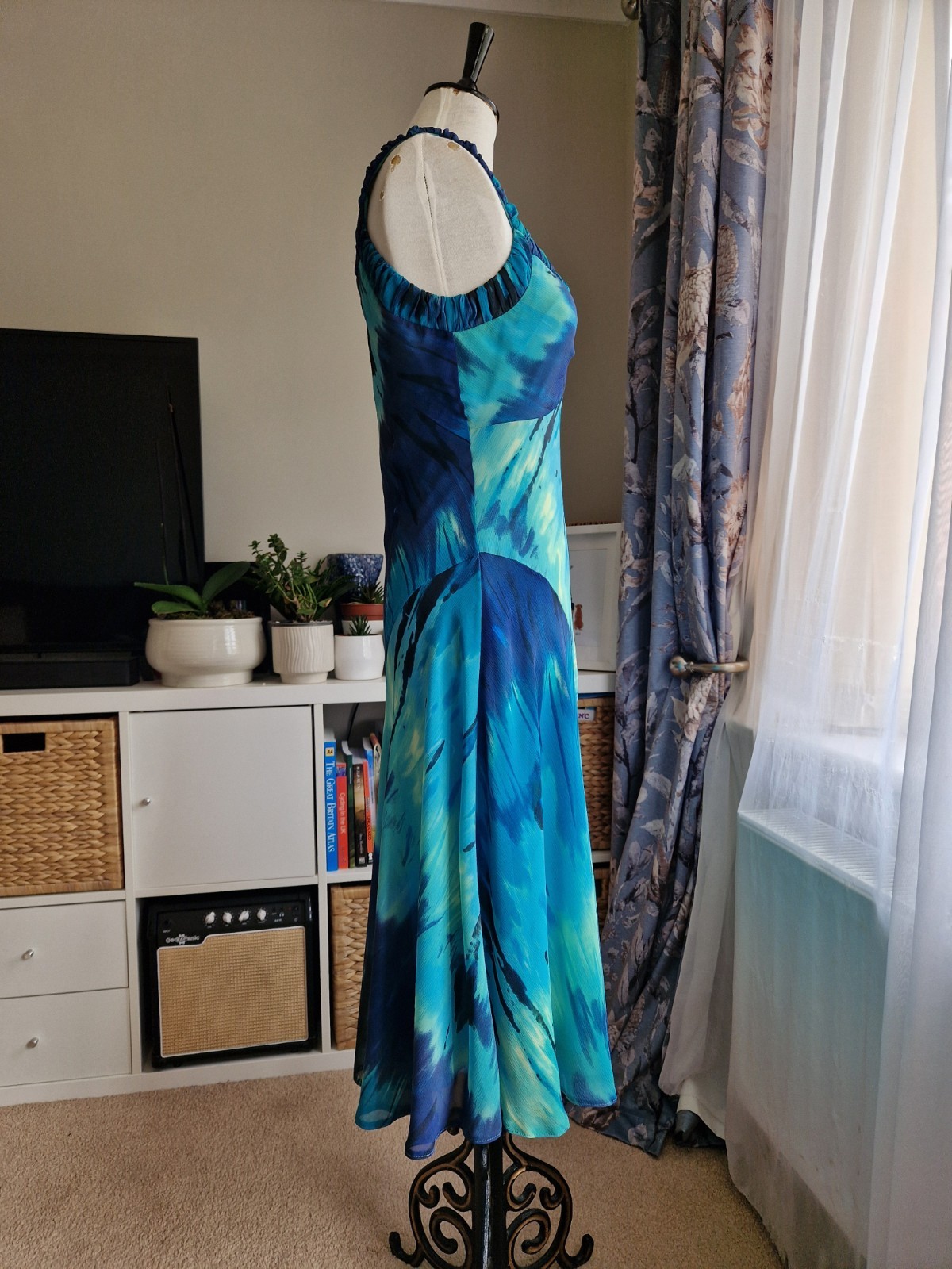 Per Una Blue Aqua Watercolour Midi Dress UK 12 Floaty Fit & Flare Occasion