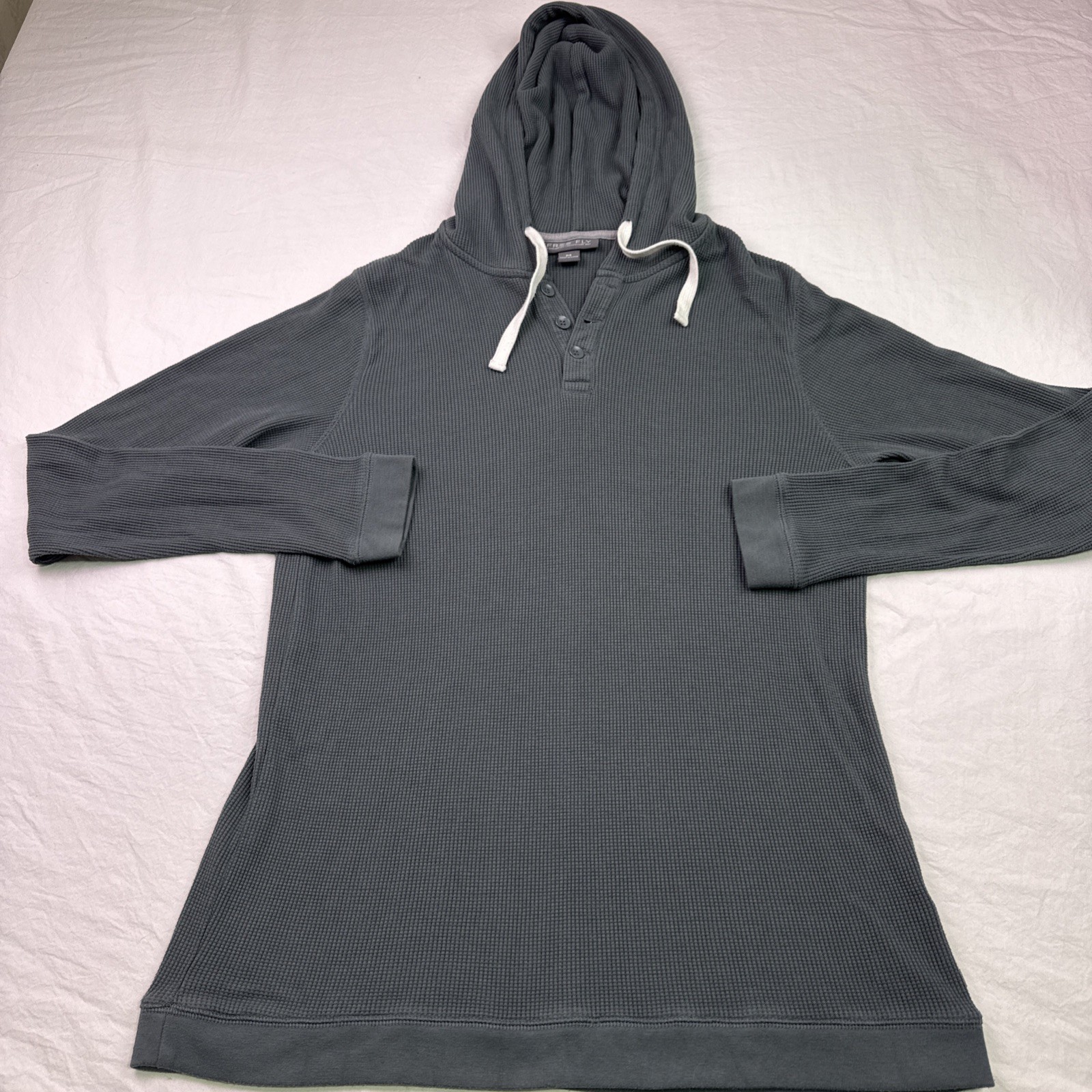 Free Fly medium Bamboo Waffle Knit Hoodie Slate Green Gray V-Neck Relaxed