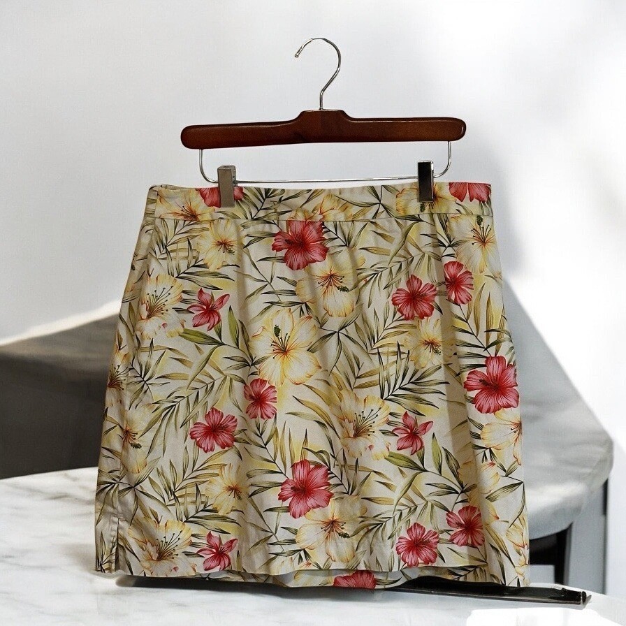 EP Hibiscus Floral Skort Women 14 Multicolor Tropical Cotton Blend Casual Summer