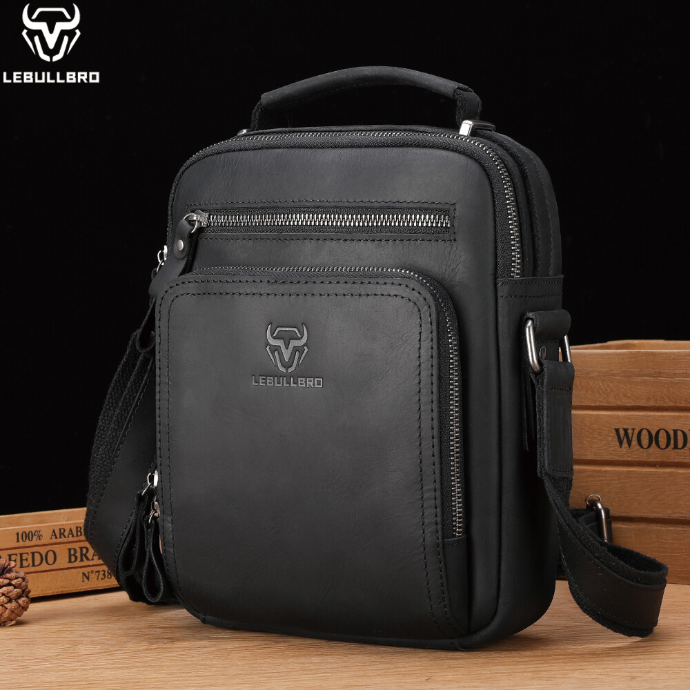 LEBULLBRO Mens Leather Sling Shoulder Bag Crazy Horse Cowhide Crossbody Bag