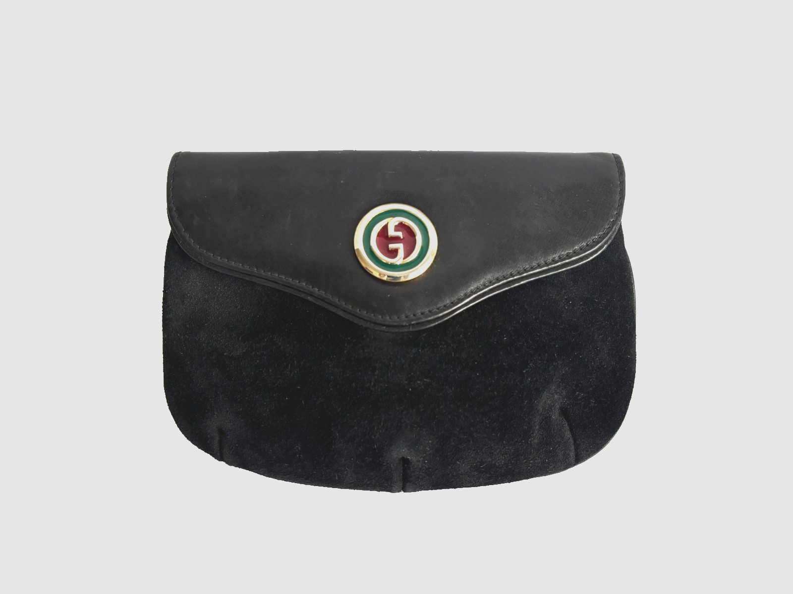 Vintage Gucci Black Suede Leather Clutch Enamel GG Logo Original Box