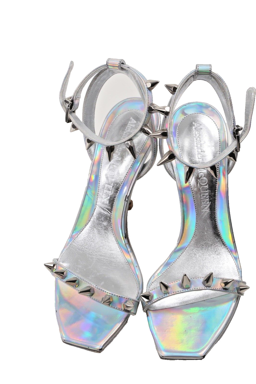 Alexander McQueen Metallic Silver Patent Leather Strappy Heel Sandals Size 37.5