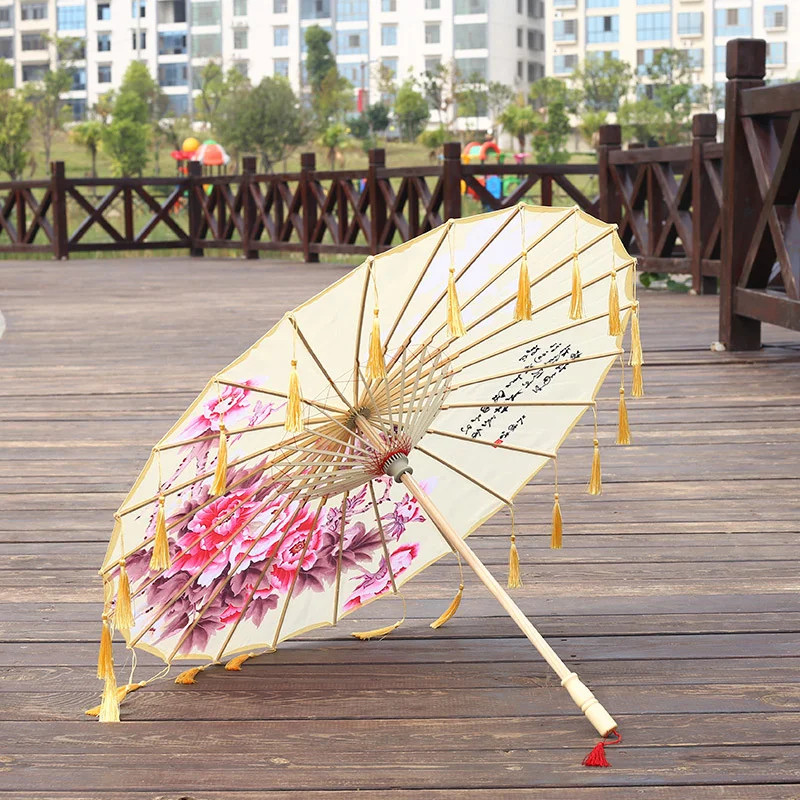 Cloth Parasol Umbrella 82cm Long Handle Silk Tassel Hanfu Cosplay Photo Prop