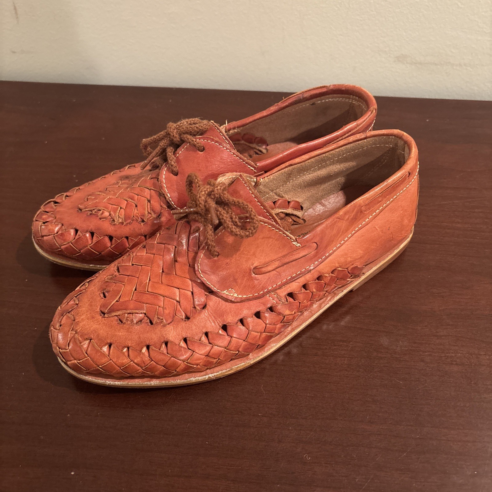 Vintage Olee Originales Tan Woven Leather Huarache Oxford Flats Lace Up Mexican