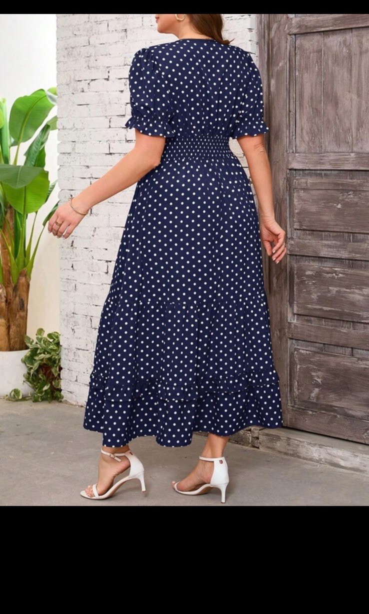 NWT clasi brand Blue White Dot A-Line Dress V-Neck Puff Shortslv Ruffle maxi 3xl