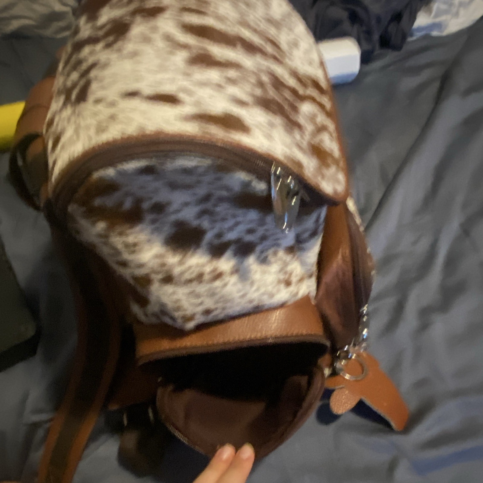 Real Cowhide Backpack Brown/White Zip, Inner Pockets, Adjustable Straps