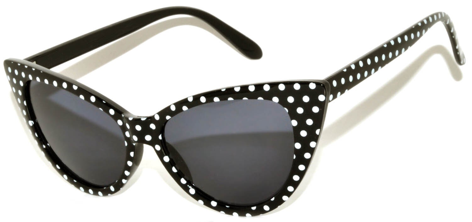 BLACK CAT EYE WHITE POLKA DOTS SUNGLASSES DARK GREY SMOKE LENS WOMEN UV400