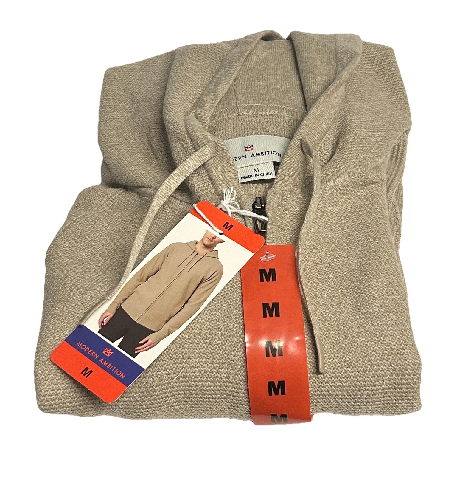 Modern Ambition Men’s Full Zip Hooded Sweater, 4‑Way Stretch, Medium Color Beige