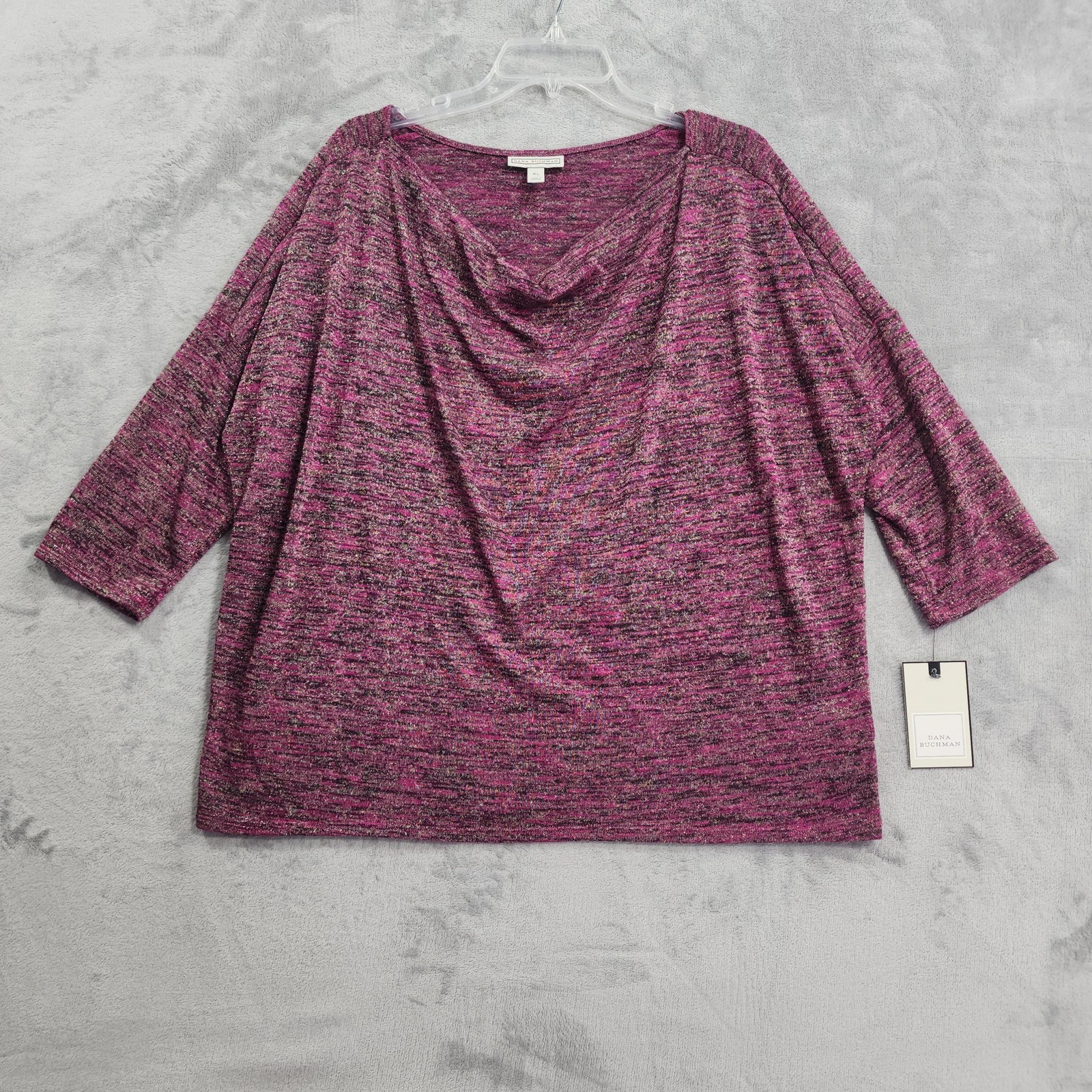 NEW Dana Buchman Top Womens XL Pink Metallic Knit Cowl Neck 3/4 Dolman Sleeve