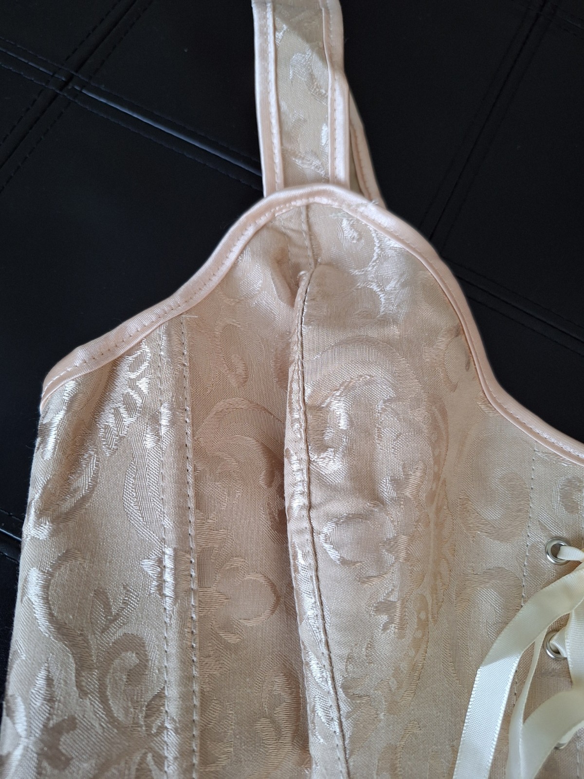 NEW Beige Satin Jacquard Strap Bustier Ribbon Lace up & Zipper Closure Corset L