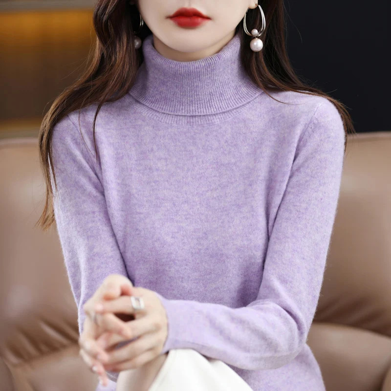 100% Merino Wool Cashmere Sweater Women Knitted Sweater Turtleneck Long