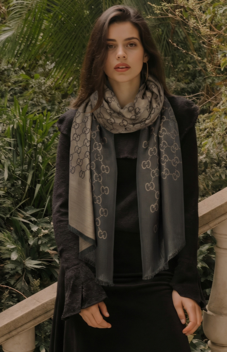 NWT Gucci GG Large Double Jacquard Wool-Silk Blend Brown Scarf Shawl ITALY 200cm