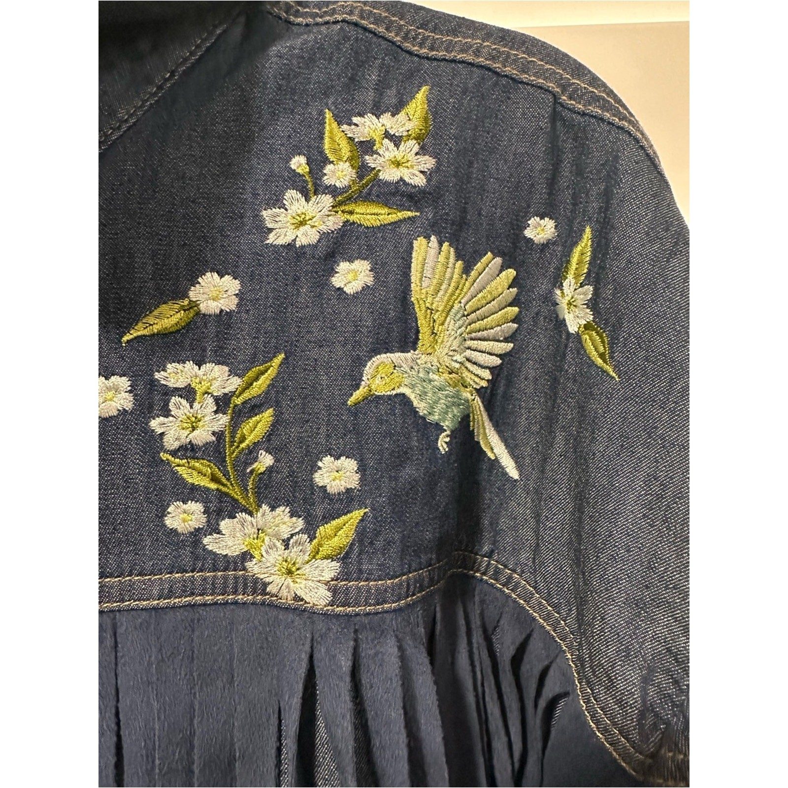 Embroidered Denim Fringe Button Up Shirt Cotton Floral Bird Western Boho Ranch