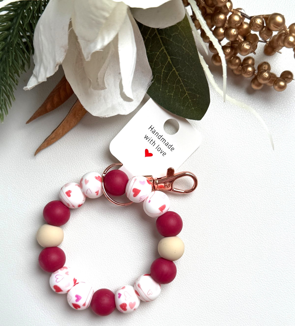 Silicone Beaded Keychain Wristlet Bracelet Fusion Heart