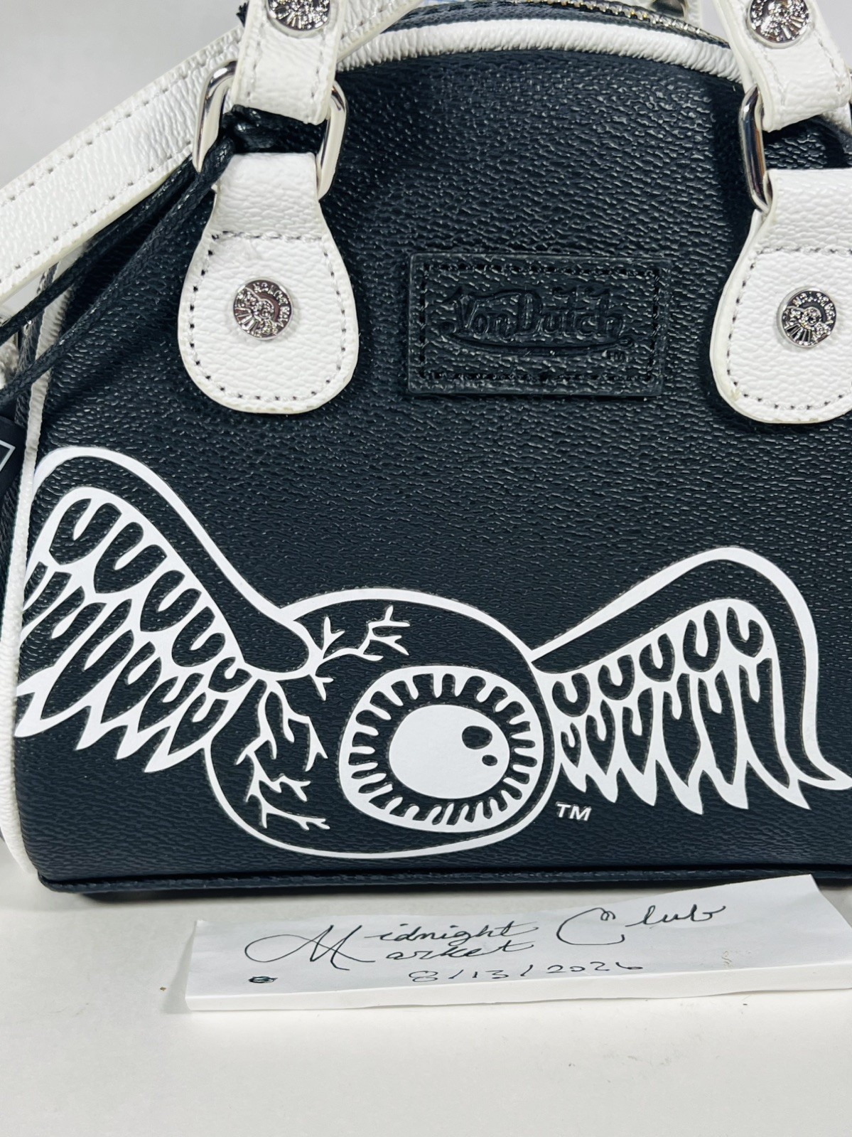 Von Dutch Classic 51 Black & White Flying Eyeball Bowling Crossbody Bag NWT Punk