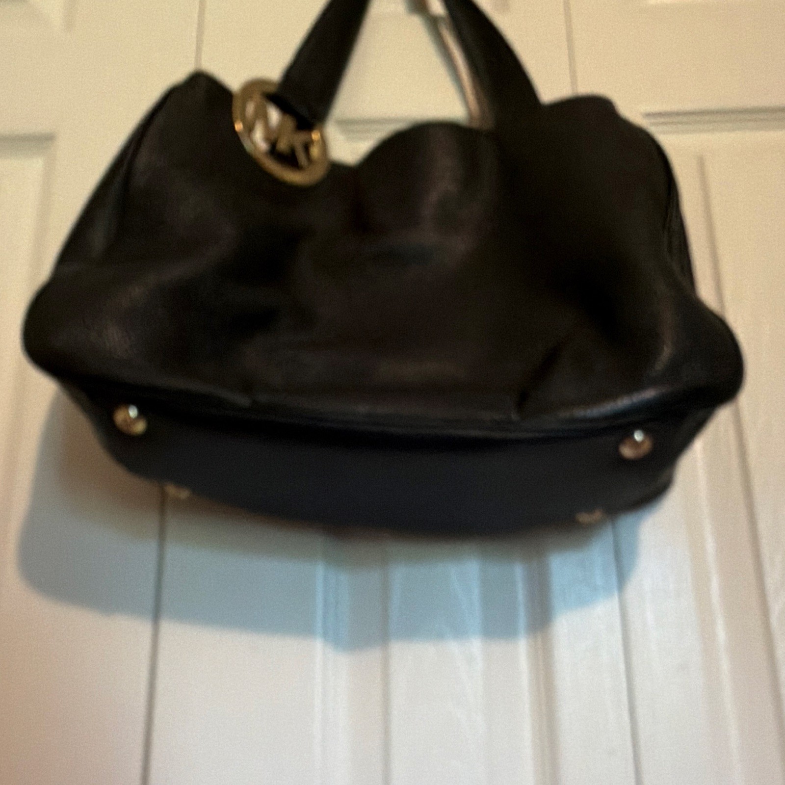 Michael Kors Black Pebbled Shoulder Bag Gold Hardware Logo Charm Zip Magnetic