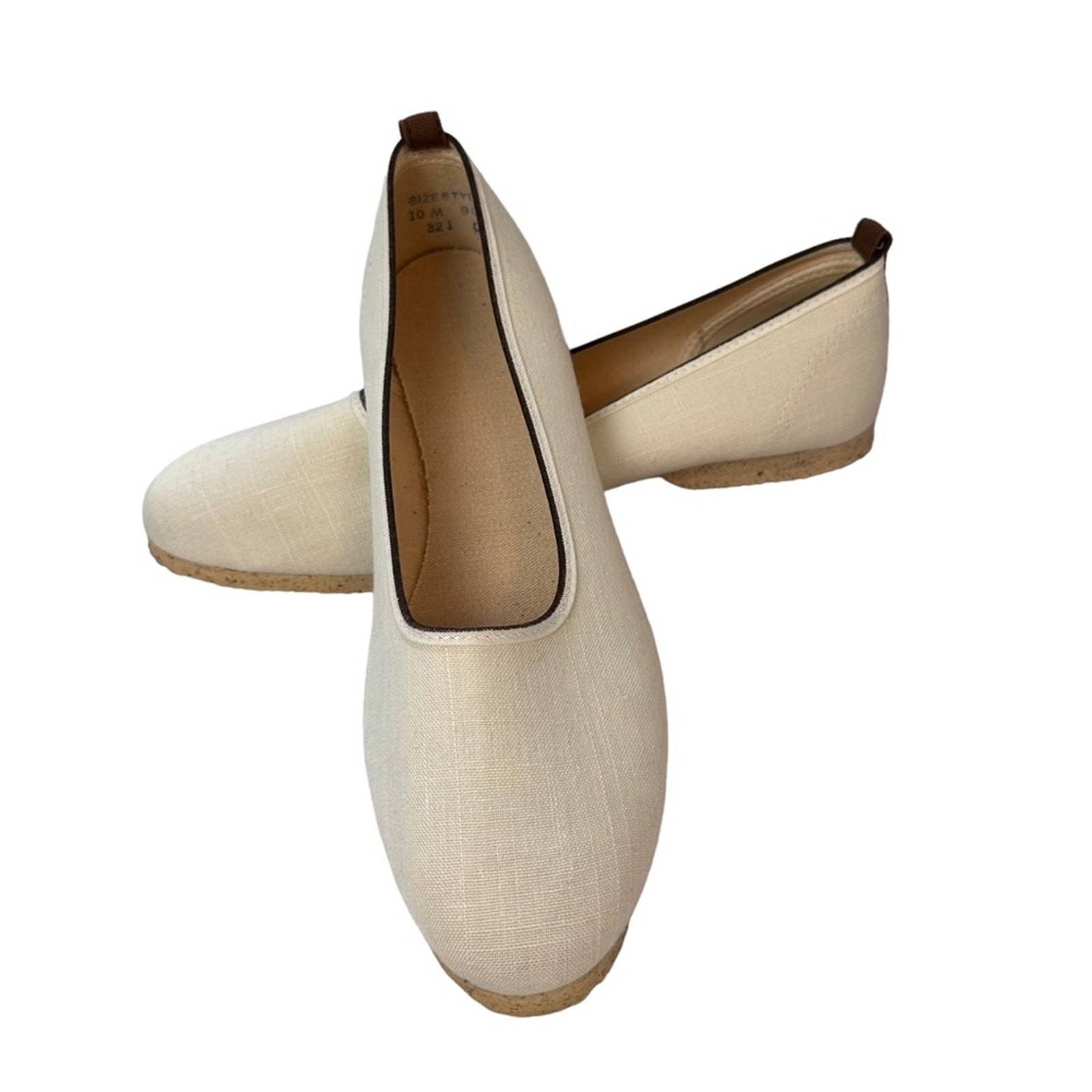 Canvas Ballet Flats Womens Size 10 Textured Rubber Outsole Cream Brown