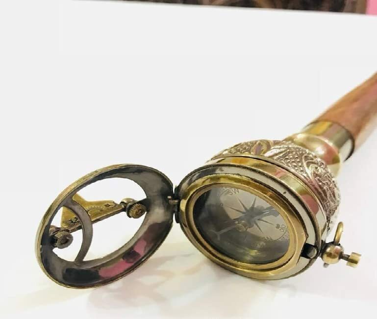 Antique Brass Push Button Sundial Handle Sprial Wooden Walking Stick Gift