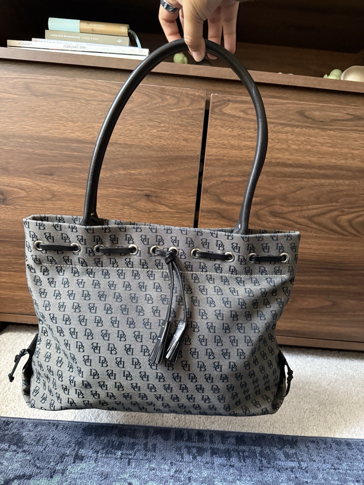 Vintage Dooney & Bourke Signature Monogram Tassel Drawstring Tote Bag Black Gray