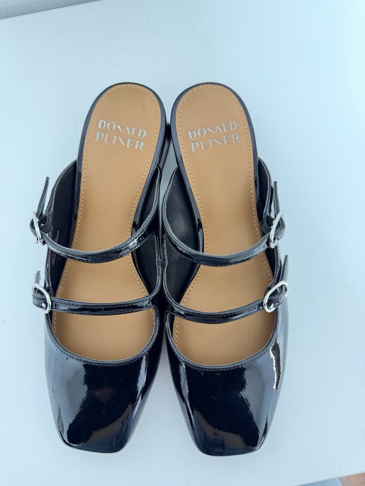 Donald Pliner Women’s Black Patent Leather Mule Heels Square Toe Buckle 6