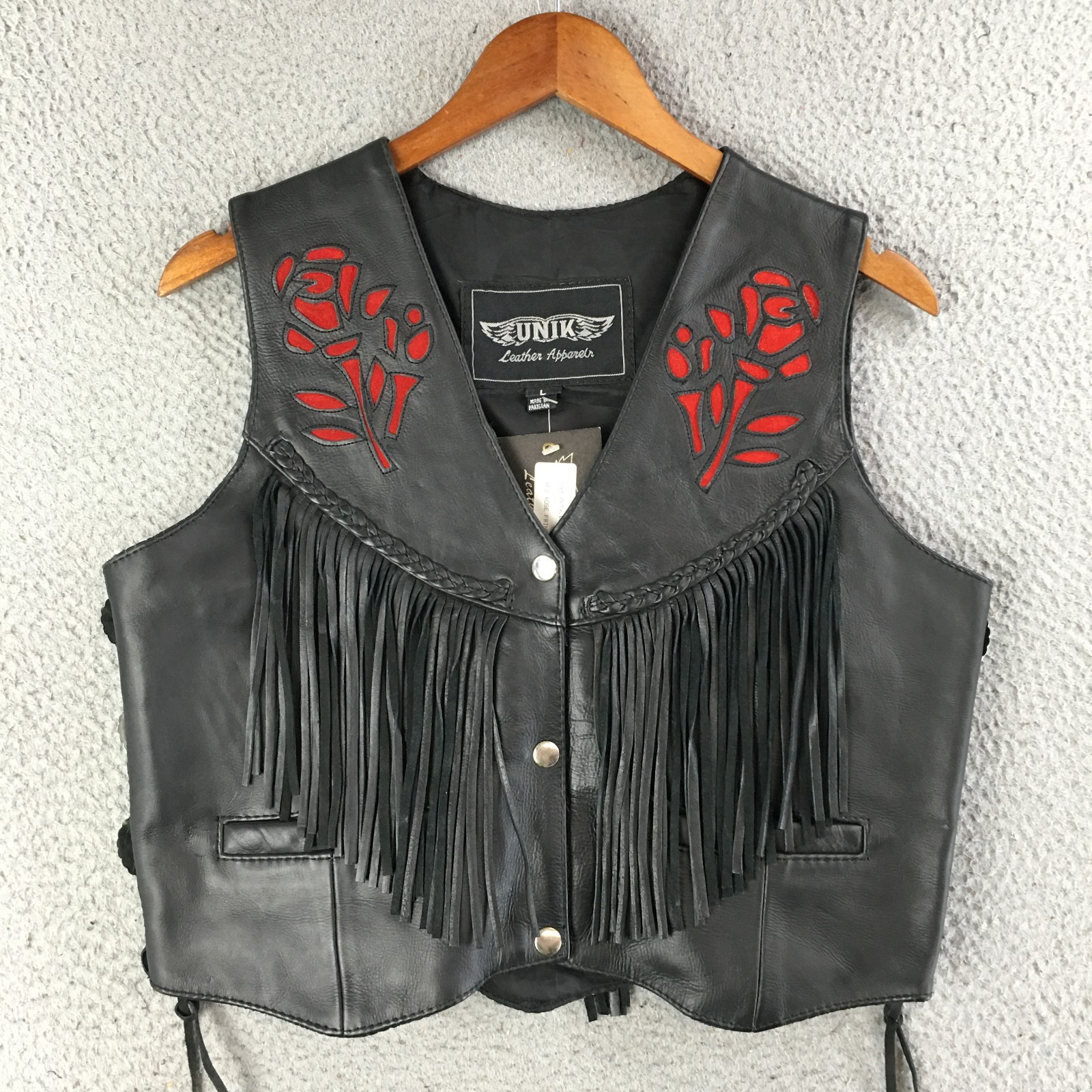 UNIK Vest Womens Large Fringe Rose Western Motorcycle Genuine Leather Black NEW