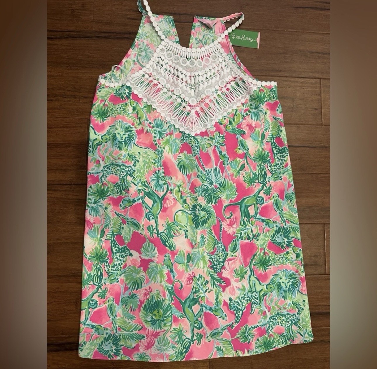 Lilly Pulitzer Shift Dress Size 8 Pink Green White Floral Lace Scoop Neck Zip
