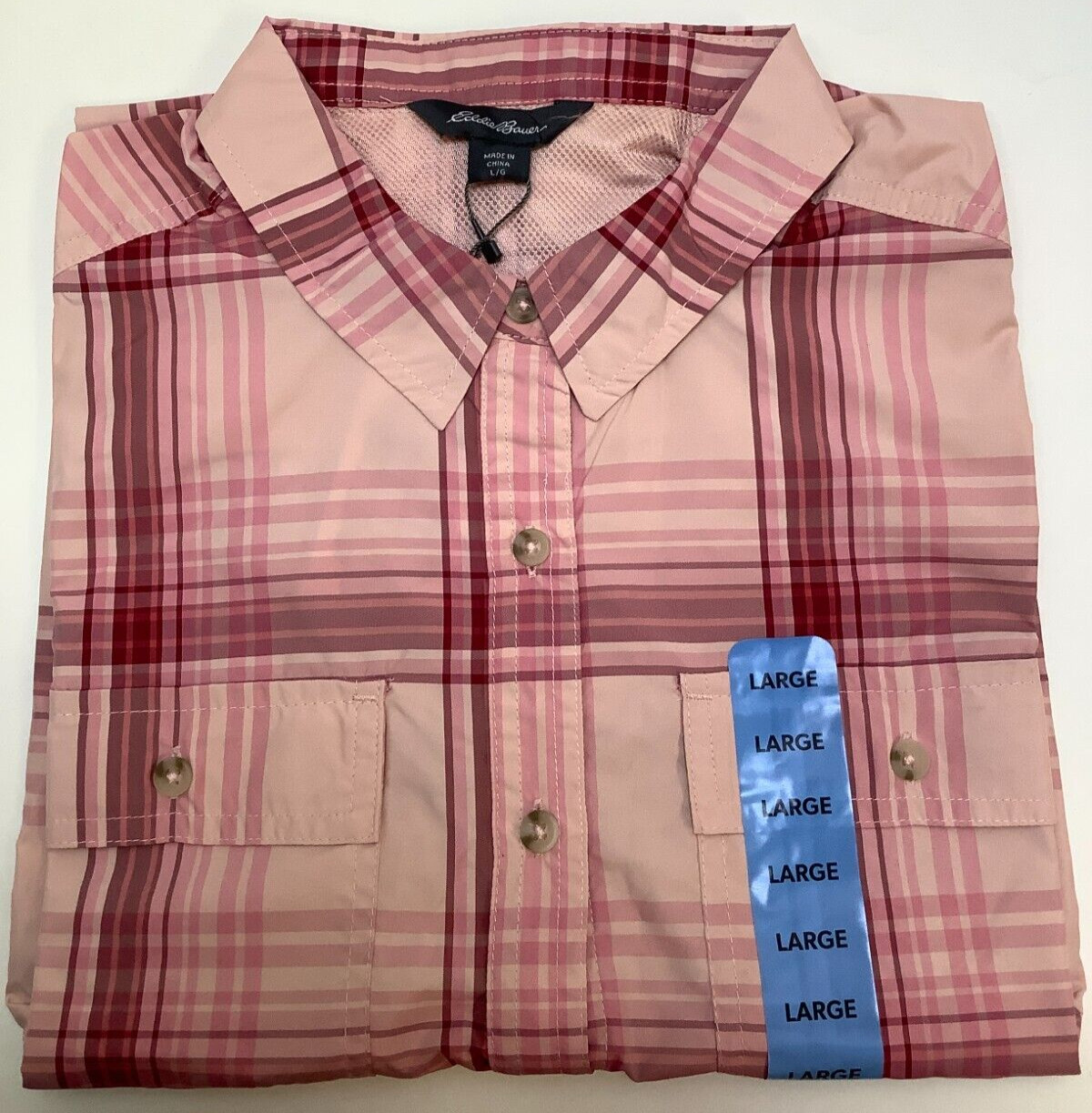 Eddie Bauer Ladies Short Sleeve Adventure Top, Large, Peach Starling Plaid