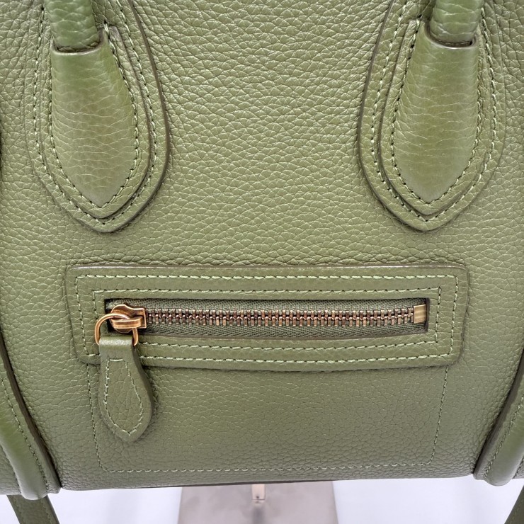 CELINE Luggage Nano Shopper Hand Bag Green Leather Gold Tone