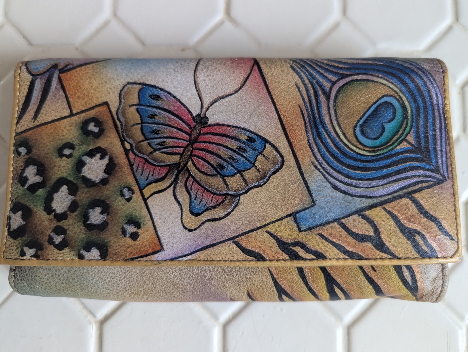 Stunning Anuschka Hand-Painted Leather Wallet – Butterfly & Peacock Design