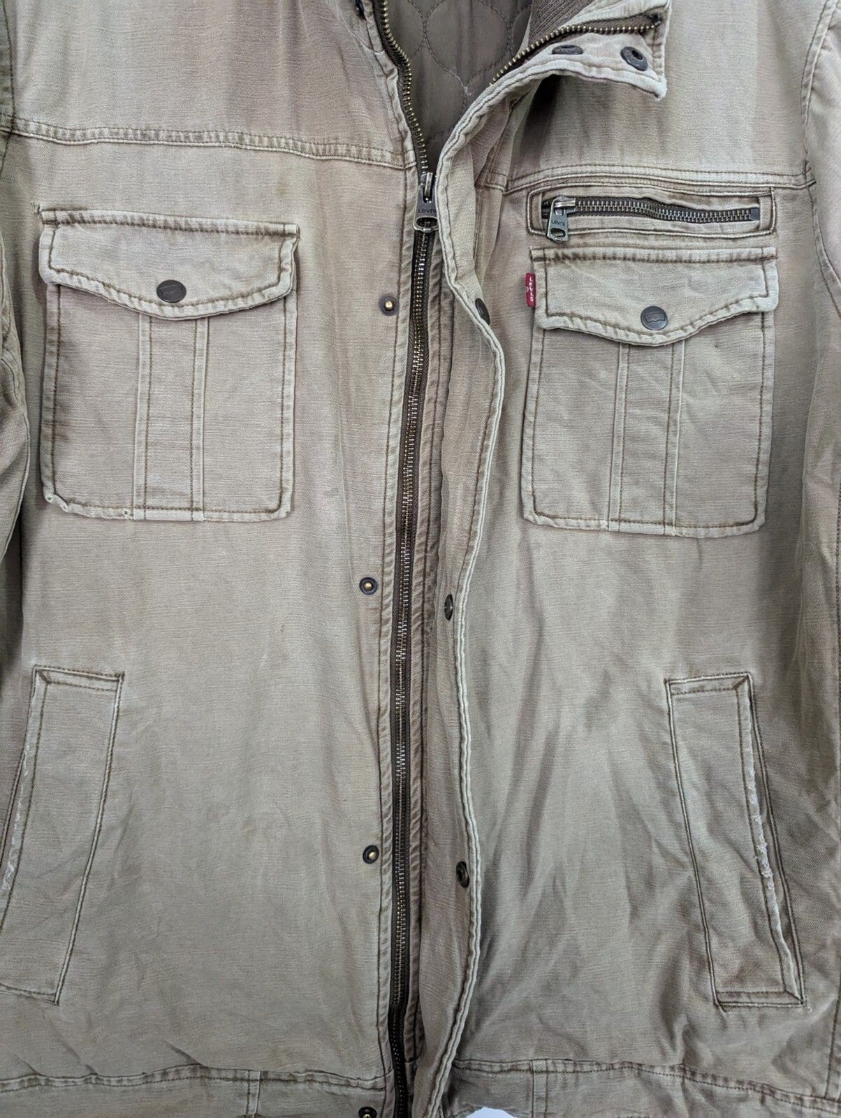 Levis Utility Jacket Mens XXL Beige Canvas Zip Snap Quilted Lined Distressed