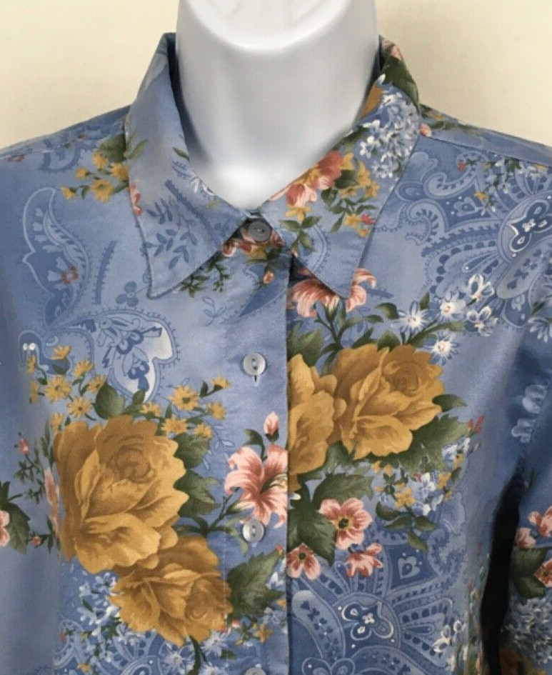 Lemon Grass Top Size M Blue w Pink Brown Flowers Button down Long Sleeves Blouse