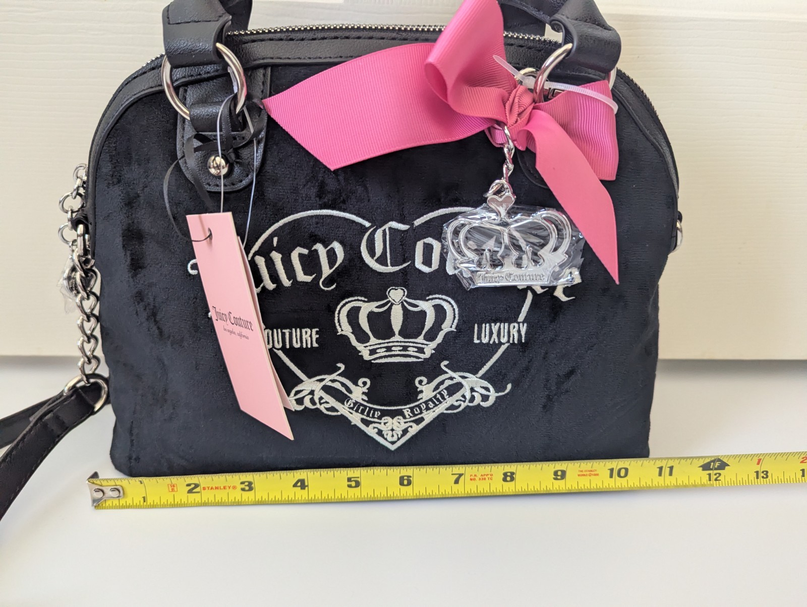 Juicy Couture Black Small Satchel Zip Top Logo Bow Charm Chain Strap Silver