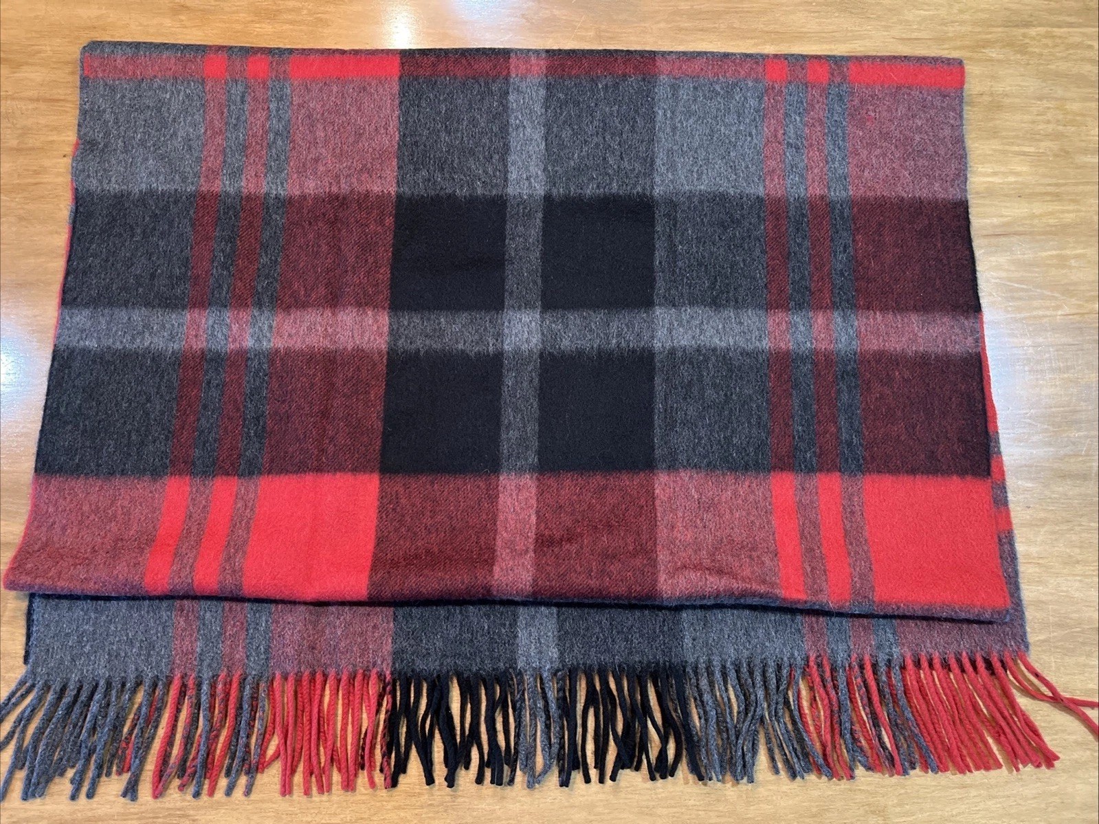 Joshua Ellis 100% Cashmere Red Gray Plaid Check Scarf 28×75
