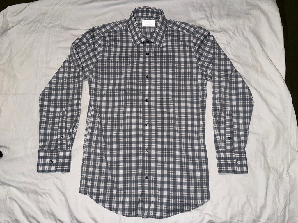 Perry Ellis Portfolio Tech Shirt Slim Grey Plaid 15 32/33 Dress Shirt