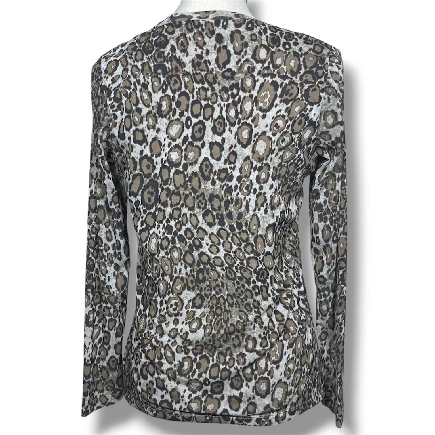 Liz Claiborne Leopard Animal Print Mesh Blouse Sheer Sleeves Stretch Knit, S