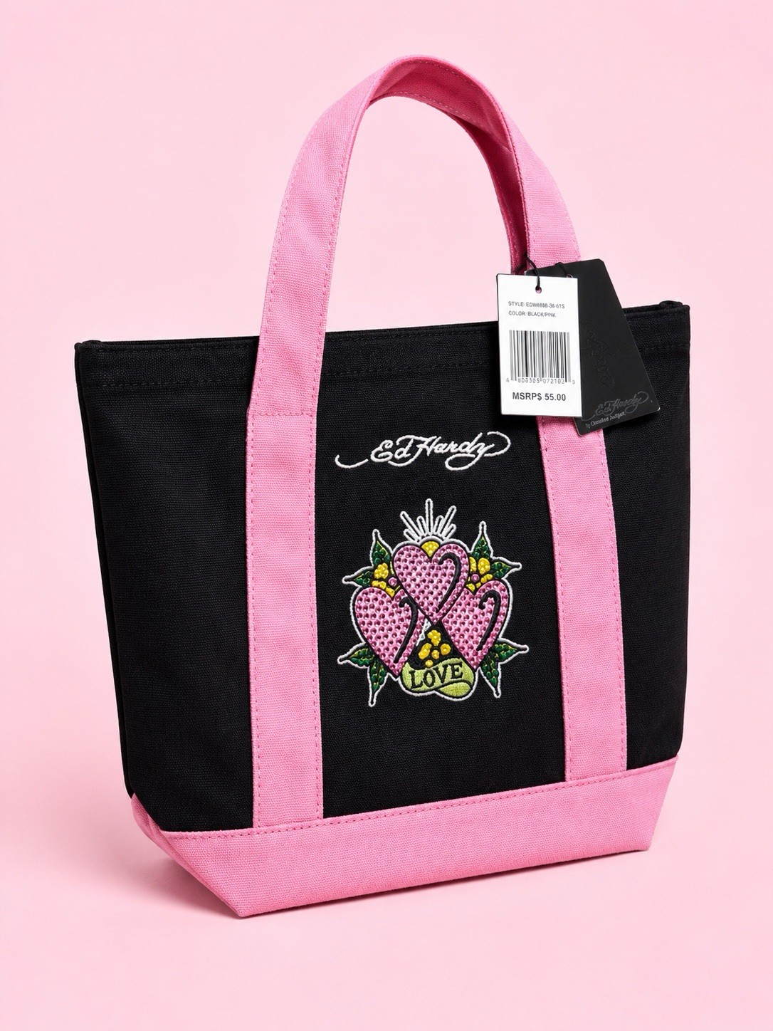 Ed Hardy Black & Pink Embroidered Heart Love Medium Tote Bag Lightweight