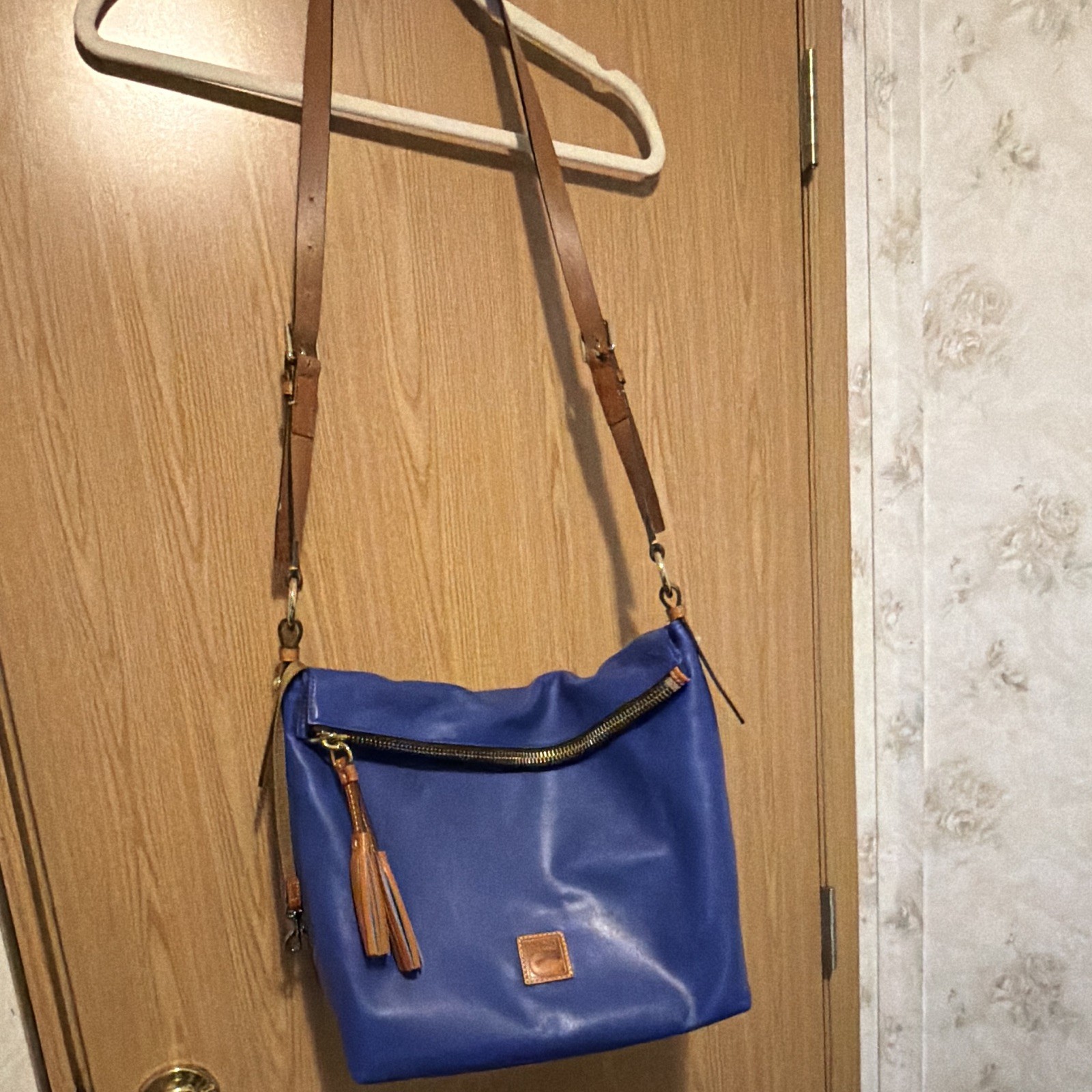 Dooney & Bourke Blue Shoulder Bag Brown Strap Zip Tassel Lined Inner Pockets