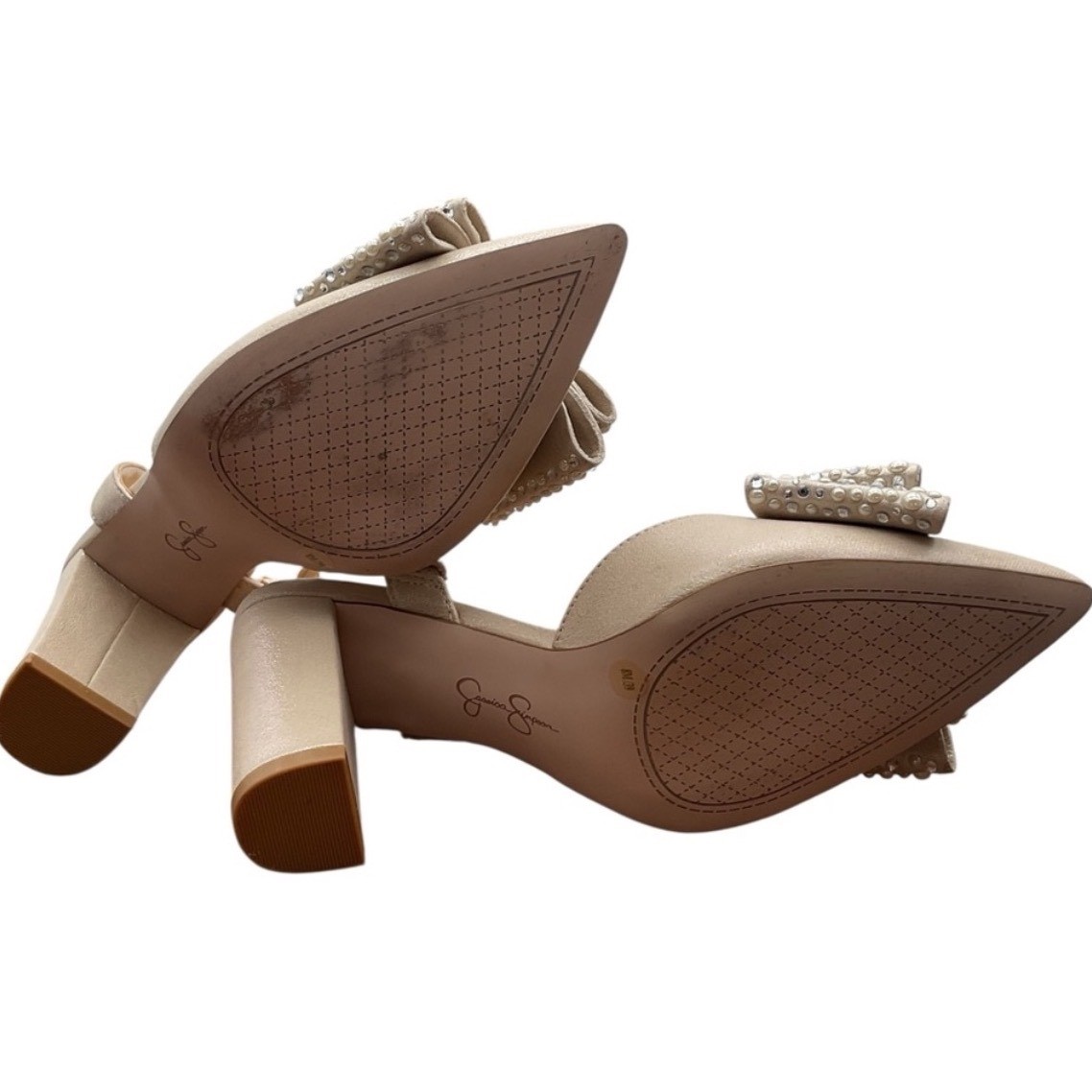 Jessica Simpson Champagne Pearl Rhinestone Bow Slingback Block Heel Pumps 8M 39