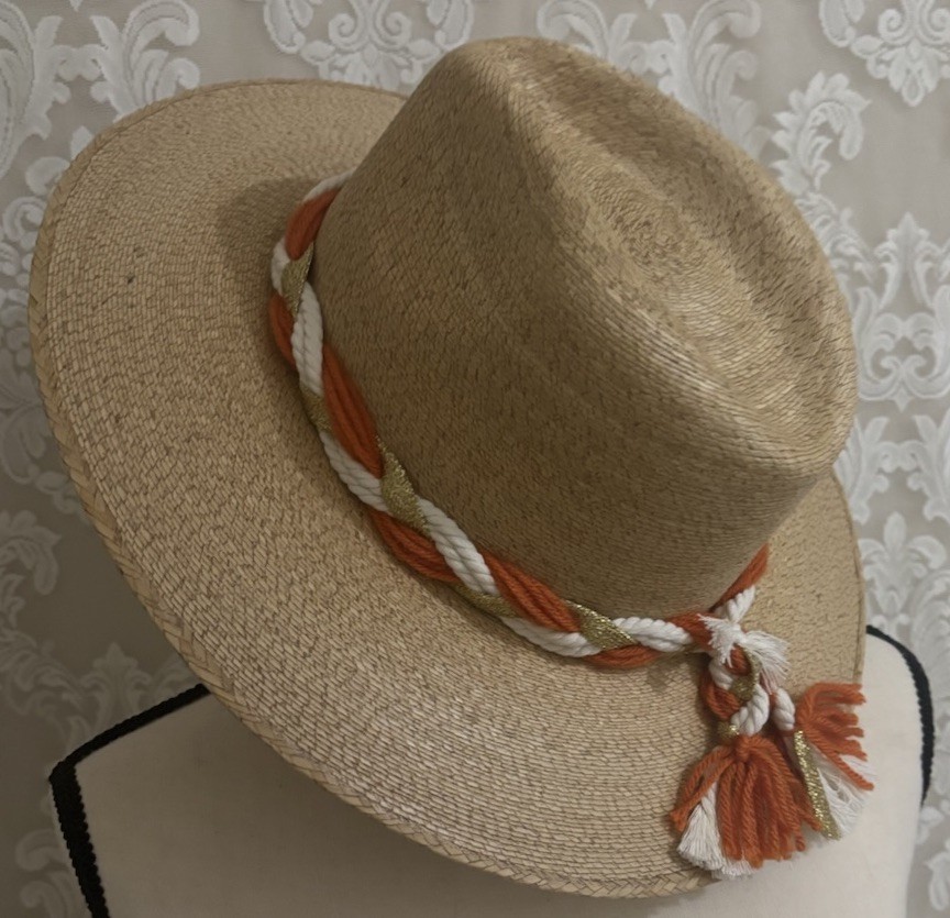 Baldiz Straw Fedora Wide Brim Hat Beige/Orange/White Tassel Accent, One Size