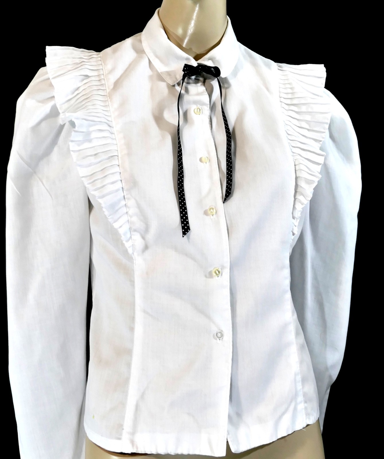 Vintage 70s White Cotton Pleated Ruffle Victorian Blouse Top Ribbon Ascot S M