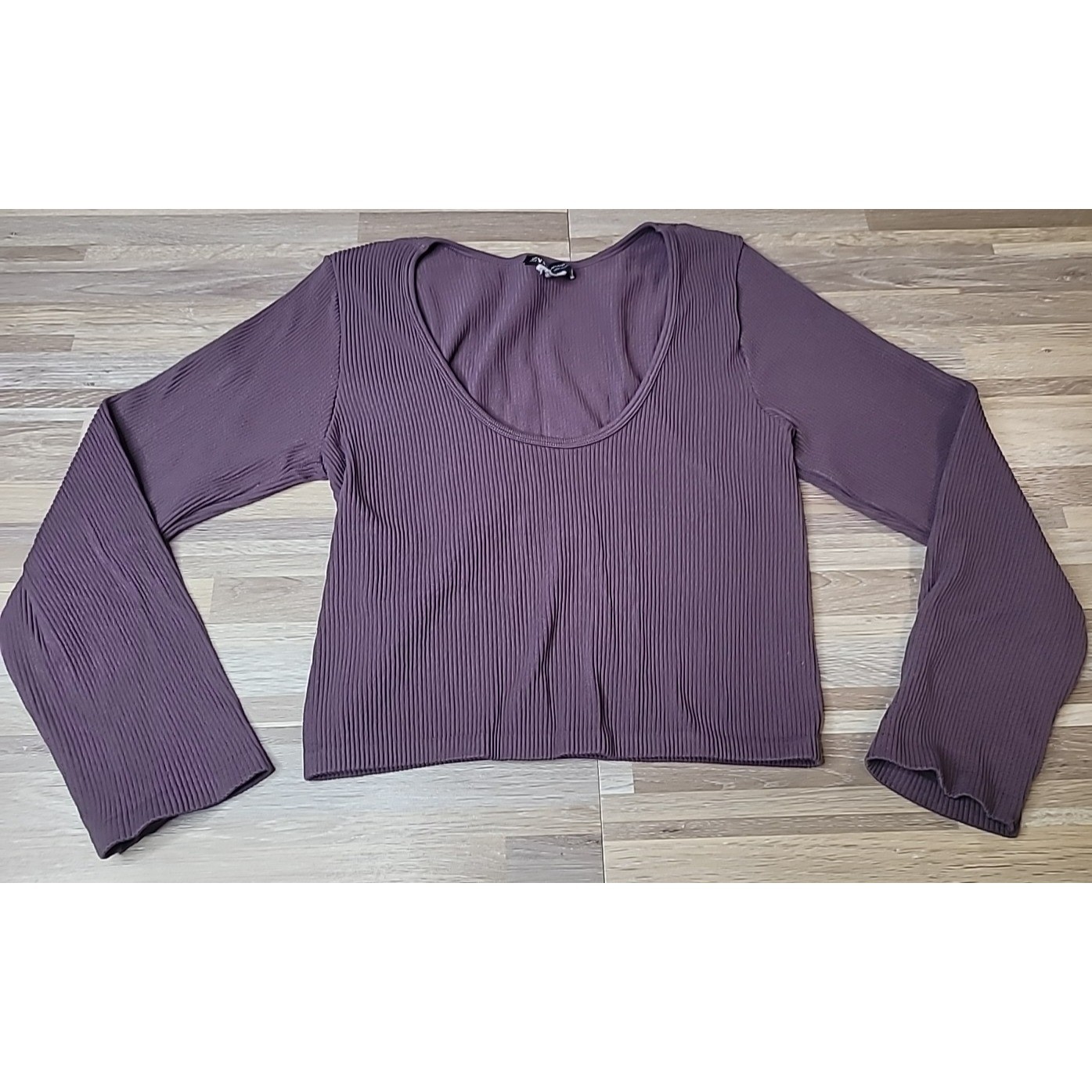 Zara Women’s Size Large Long Sleeve Crop Top Stretch Mauve Scoop Neck Ribbed