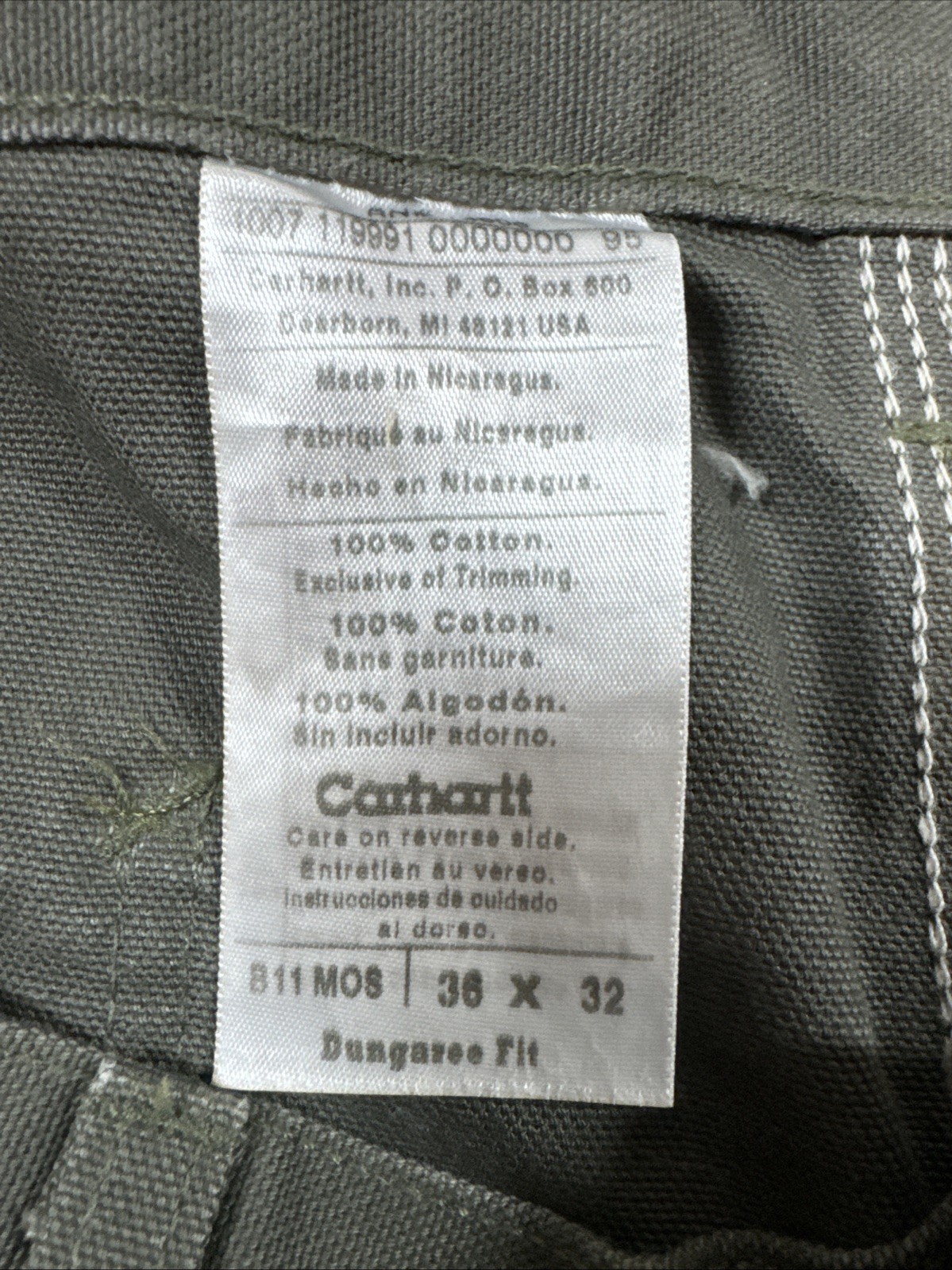 Carhartt Pants Mens 36×32 Original Fit B11 Olive Green Washed Duck Work Dungaree