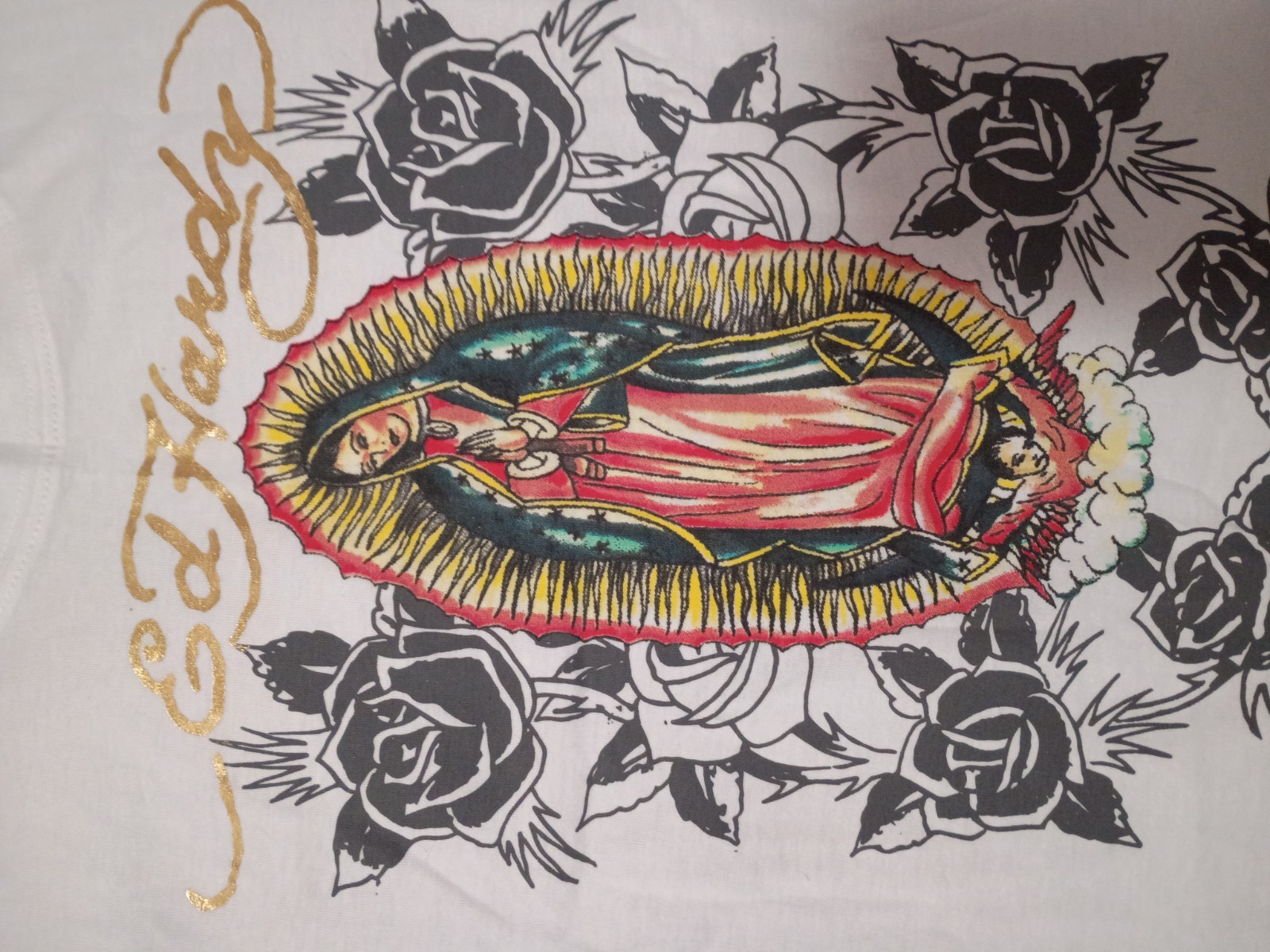 Ed Hardy White Tee with Virgin Mary Graphic