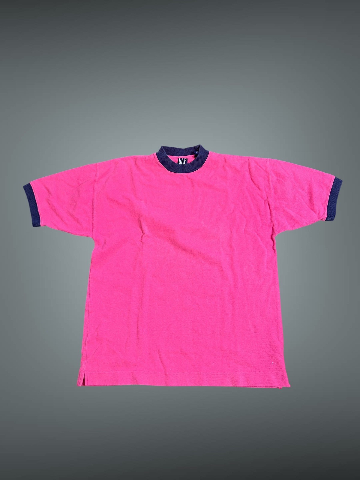 Vintage 90s GAP Bright Pink Heavy Cotton T shirt Contrast Blue Trim Size Small