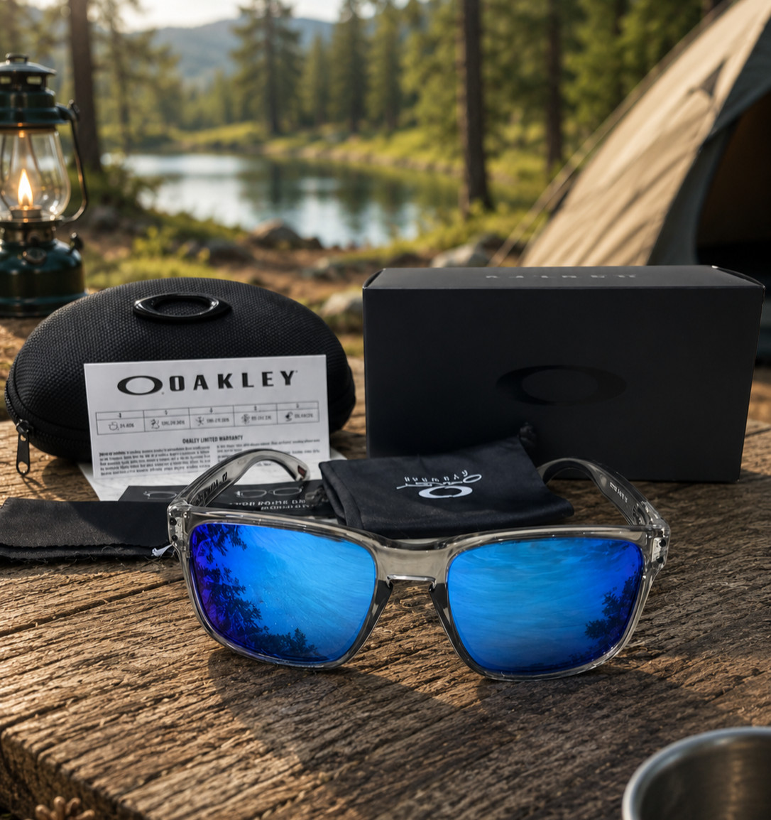 Oakley Holbrook Sunglasses Grey Smoke Clear Frame Blue Mirror Polarized Lens New