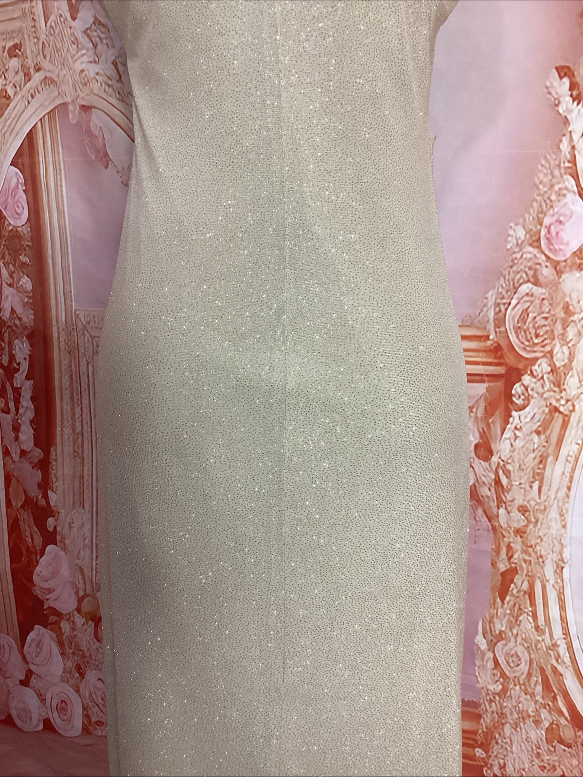 Candalite Champagne Sparkly Metallic Off Shoulder Cruise Prom Formal Gown L