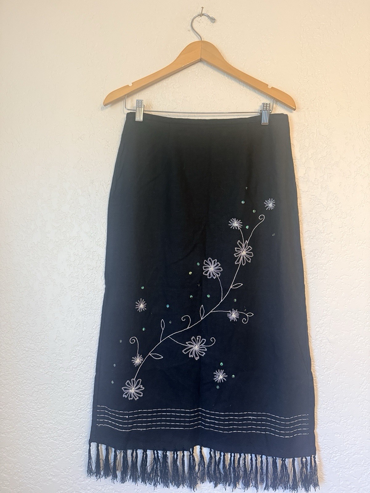 Vintage Requirements Linen Blend Black Embroidered NWOT Fringe Midi Skirt M