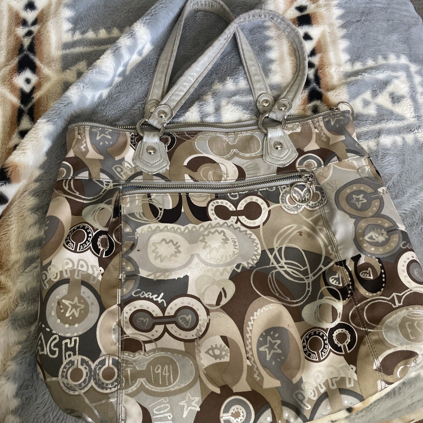 Vintage Coach Poppy Graffiti Glam Shoulder Bag Khaki Monogram Multicolor Sparkle