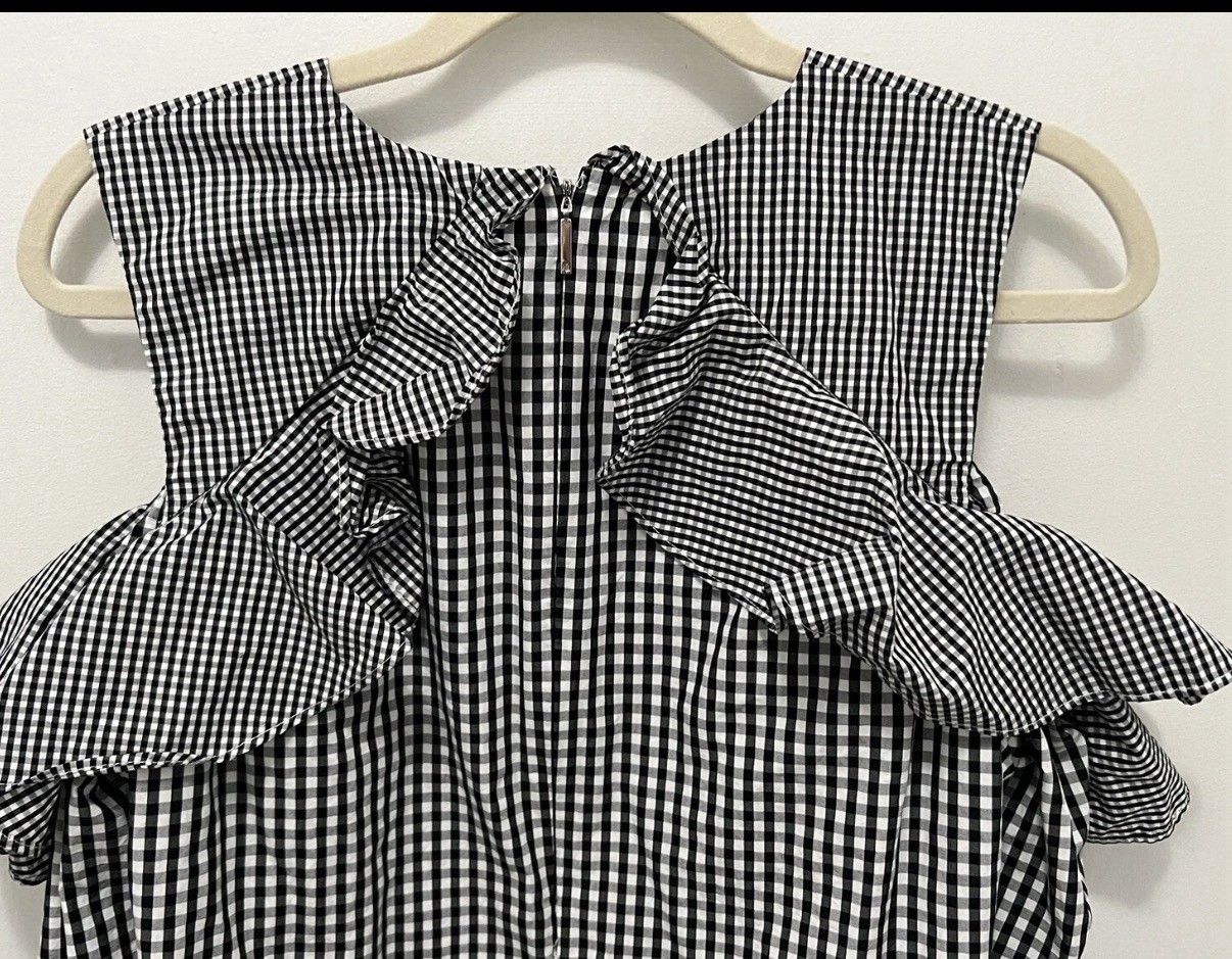 Lauren Ralph Lauren Black White Gingham Cold Shoulder Ruffle Bow Blouse XL